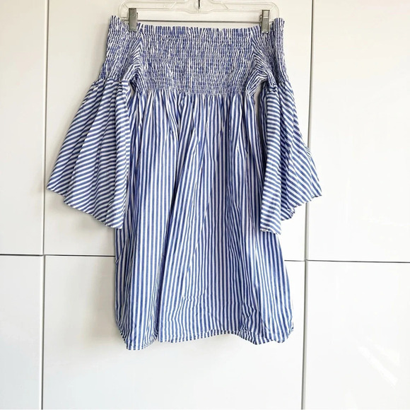 Zara Smocked Dress Tunic Top Bell Sleeves Size Large Blue and White Stripe - Picture 6 of 11